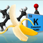 A partially peeled banana in front of the atomic table symbol for potassium and a molecule model behind it all.