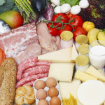 Assortment of glten free food grouped by typology meat fish vegetables fruit dairies