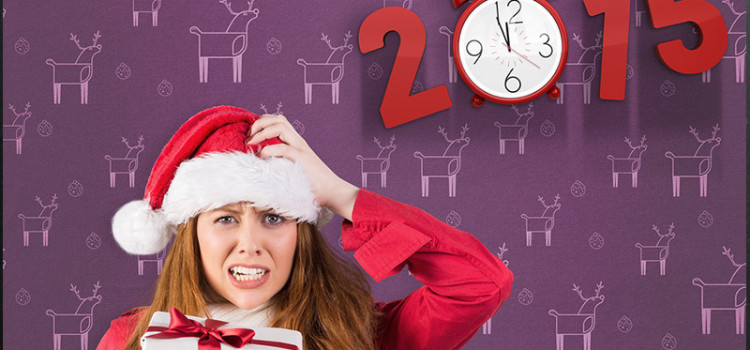 A woman in a santa outfit scratching her head while holding an armful of wrapped gifts. An old fashioned alarm clock is in the background forming the '0' part of a red numbered "2015"