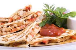 Quesadillas with Cajun Chicken Cheese Tomato Salsa and corn salad