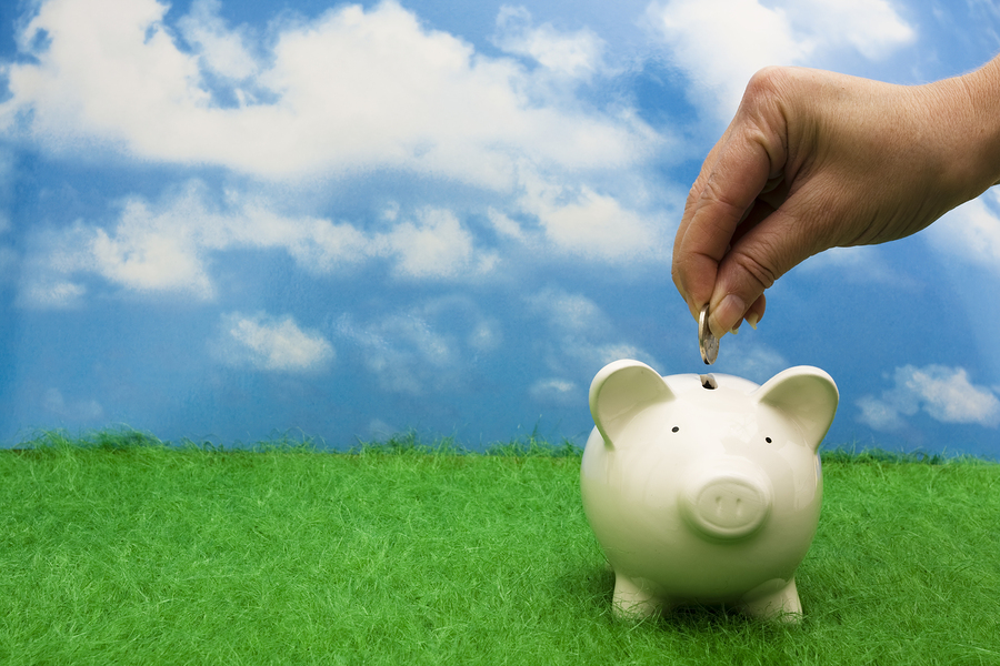 White ceramic piggy bank with a woman's hand dropping a coin into it. All on a green grass ground with partially cloudy sky in the background