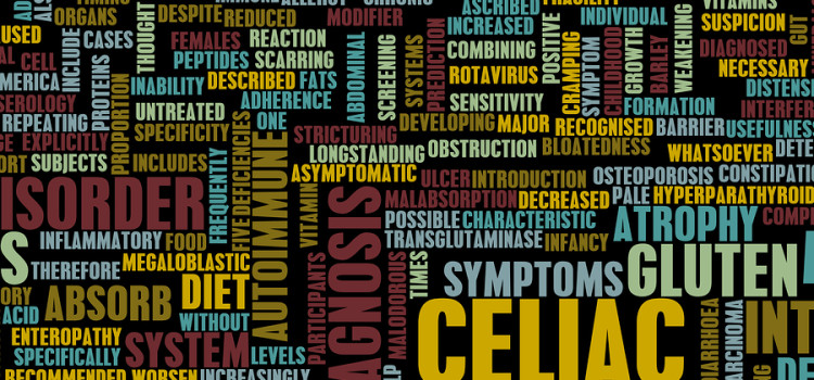 A blackboard covered in words related to Celiac Disease and Gluten intollerence