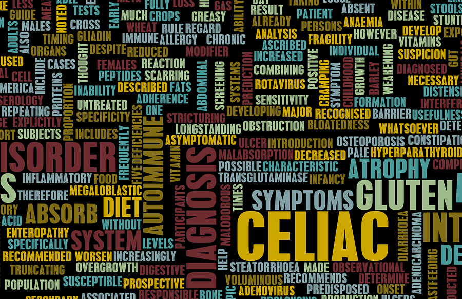 A blackboard covered in words related to Celiac Disease and Gluten intollerence