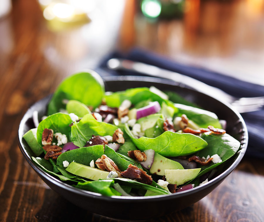 Keto spinach, avocado, walnuts and feta salad